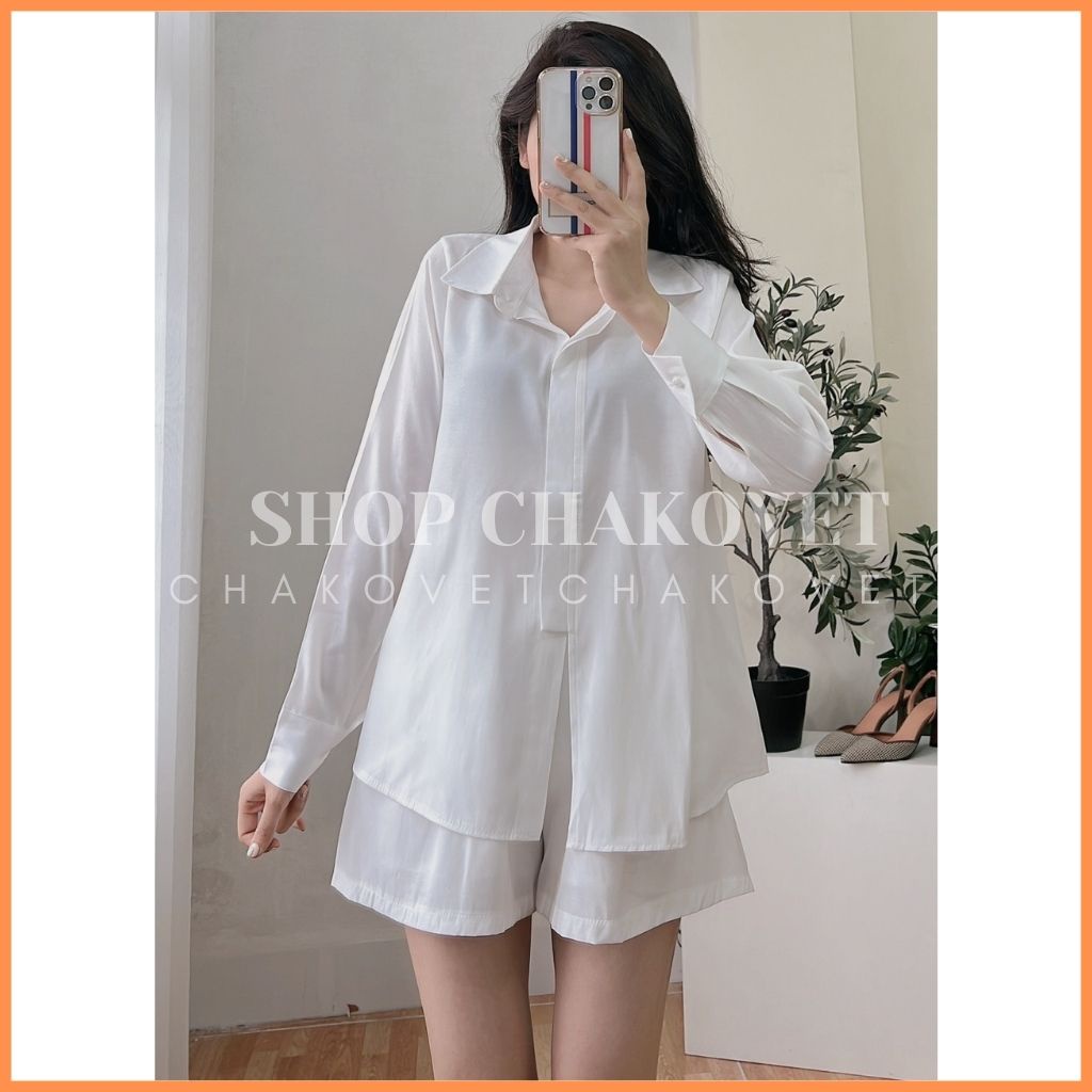 Set đồ nữ S8294 gồm áo sơ mi nữ dài tay vạt lửng Mix với quần đùi bộ đồ nữ 2 món màu trắng đen đi biển freesize-CHAKOVET
