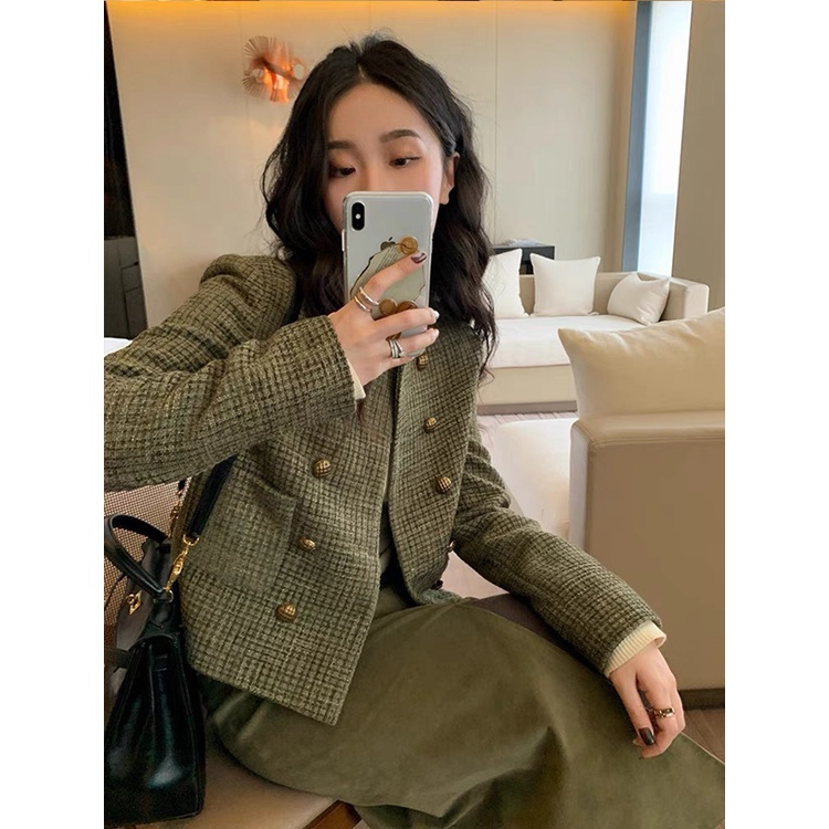 Áo khoác dạ tweed màu xanh rêu cúc đồng phong cách hàn quốc