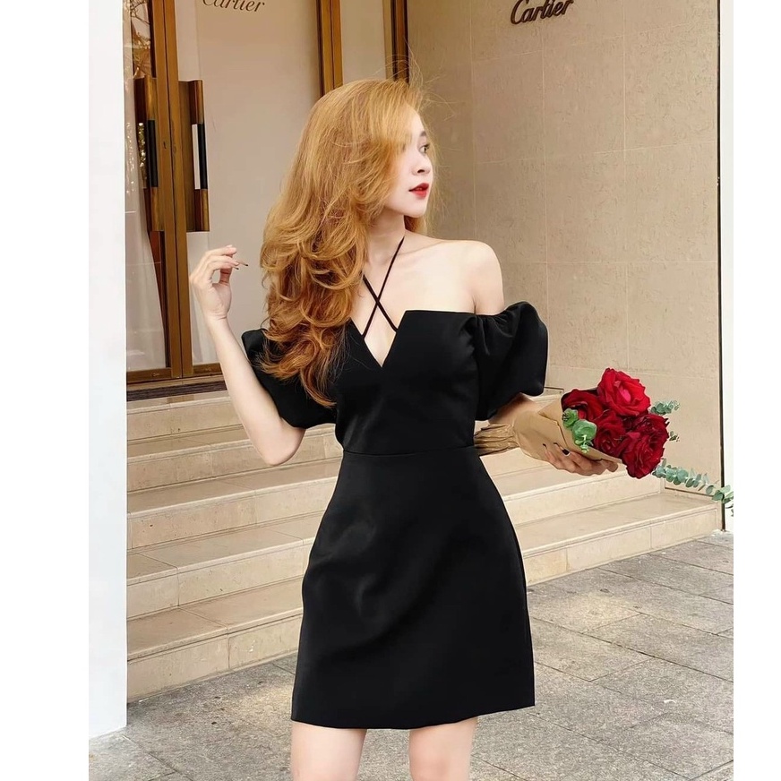 Váy trễ vai tay ngắn phối dây nơ váy xòe có kèm mút thời trang nữ mùa hè