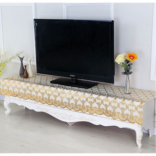 Khăn Trải Bàn Dài Kệ Tivi 50x1m-2m5 Nhũ Vàng ( Trắng ) Chống Thấm Bẩn Sang Trọng