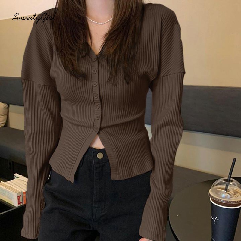 Áo Cardigan Dệt Kim Tay Dài Cổ Chữ V Cài Nút Màu Trơn Thời Trang Cho Nữ