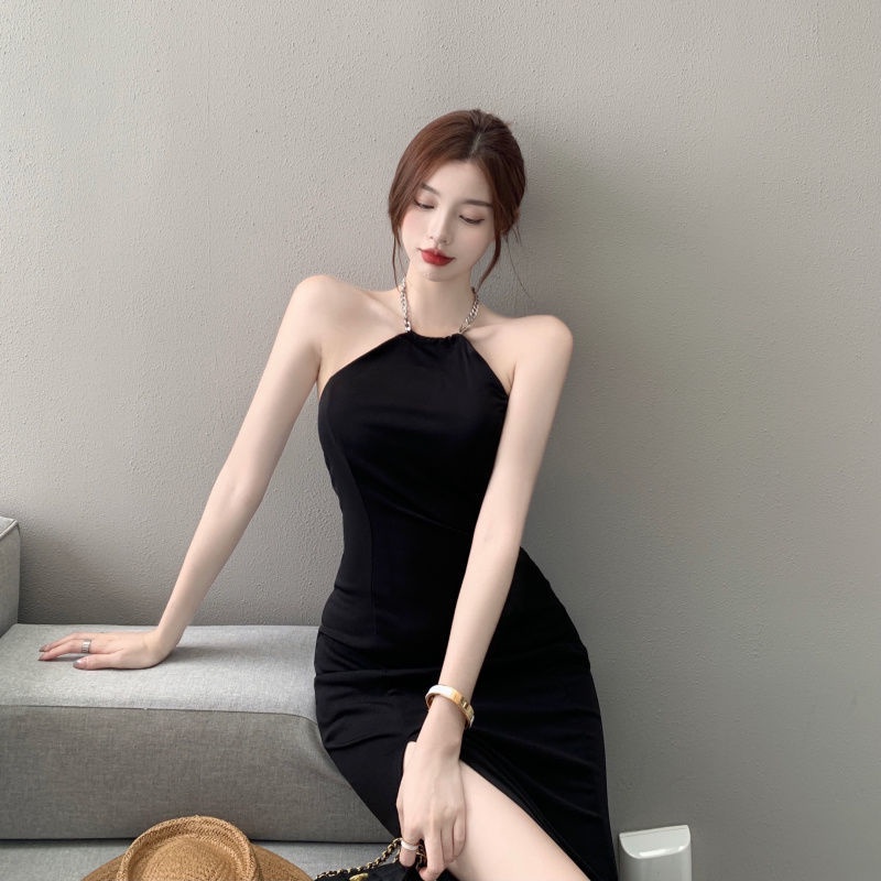 Đầm Hai Dây Màu Đen Dáng Ôm Xẻ Tà Trẻ Trung Quyến Rũ Dành Cho Nữ