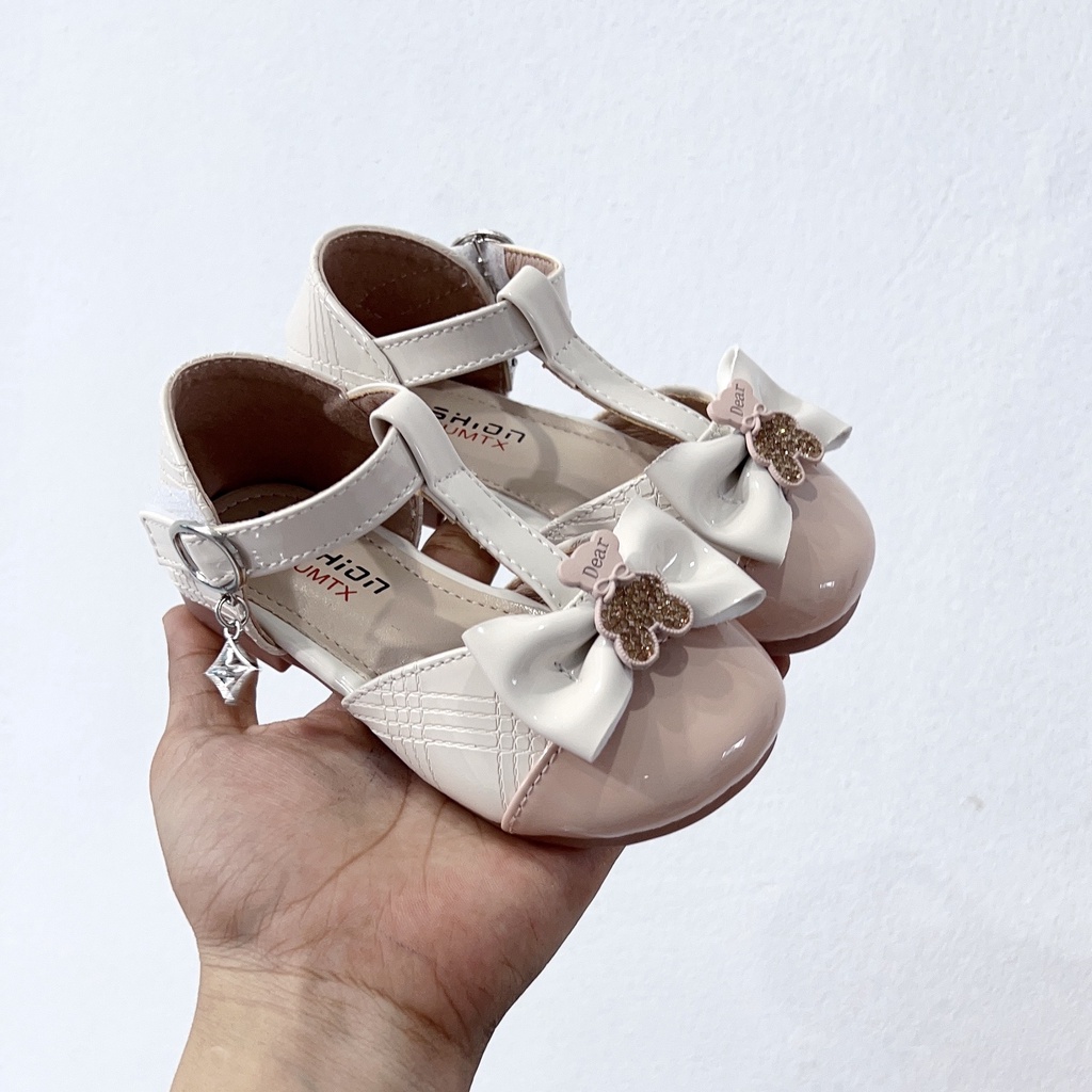 Giày búp bê cho bé gái da bóng họa tiết nơ gấu dễ thương mã mới 9007