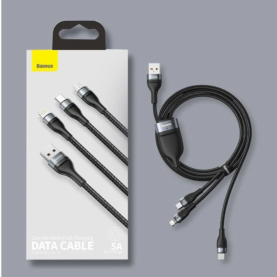 Cáp sạc nhanh 3 đầu Baseus Flash Series 3in1, dây sạc nhanh và truyền số liệu 3 đầu M+L+C đa năng tiện dụng