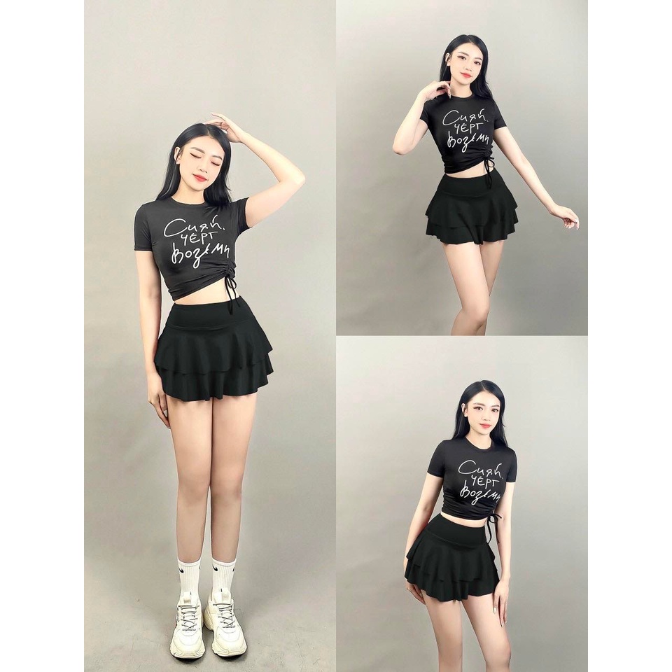 Set bộ váy 2 tầng áo croptop rút dây nữ tập nhảy aerobic,Gym, Zumba, khiêu vũ, trang phục biểu diễn, đi bơi,đi biển nữ