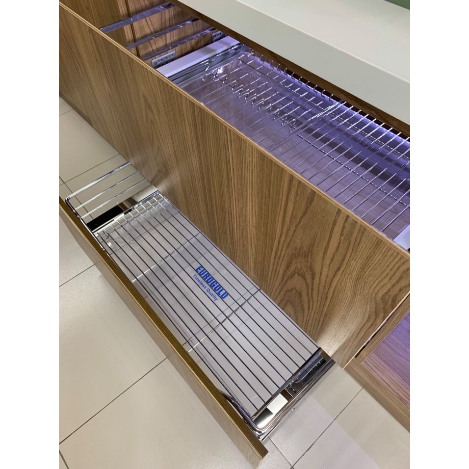 Kệ đựng xoong nồi nan dẹt inox 304, ray giảm chấn