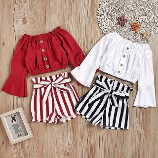Se7en set Áo Tay Loe Hở Rốn + Quần Dài Kẻ Sọc Cho Bé Gái