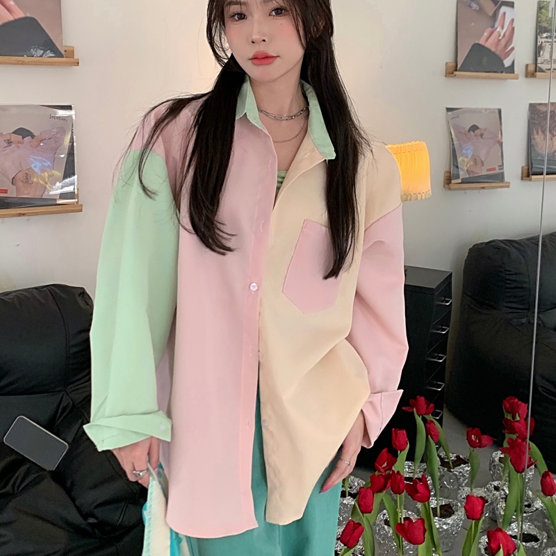 SUXI Áo Sơ Mi Tay Dài Chống Nắng Màu Sắc Tương Phản Thời Trang Mùa Hè Cho Nữ