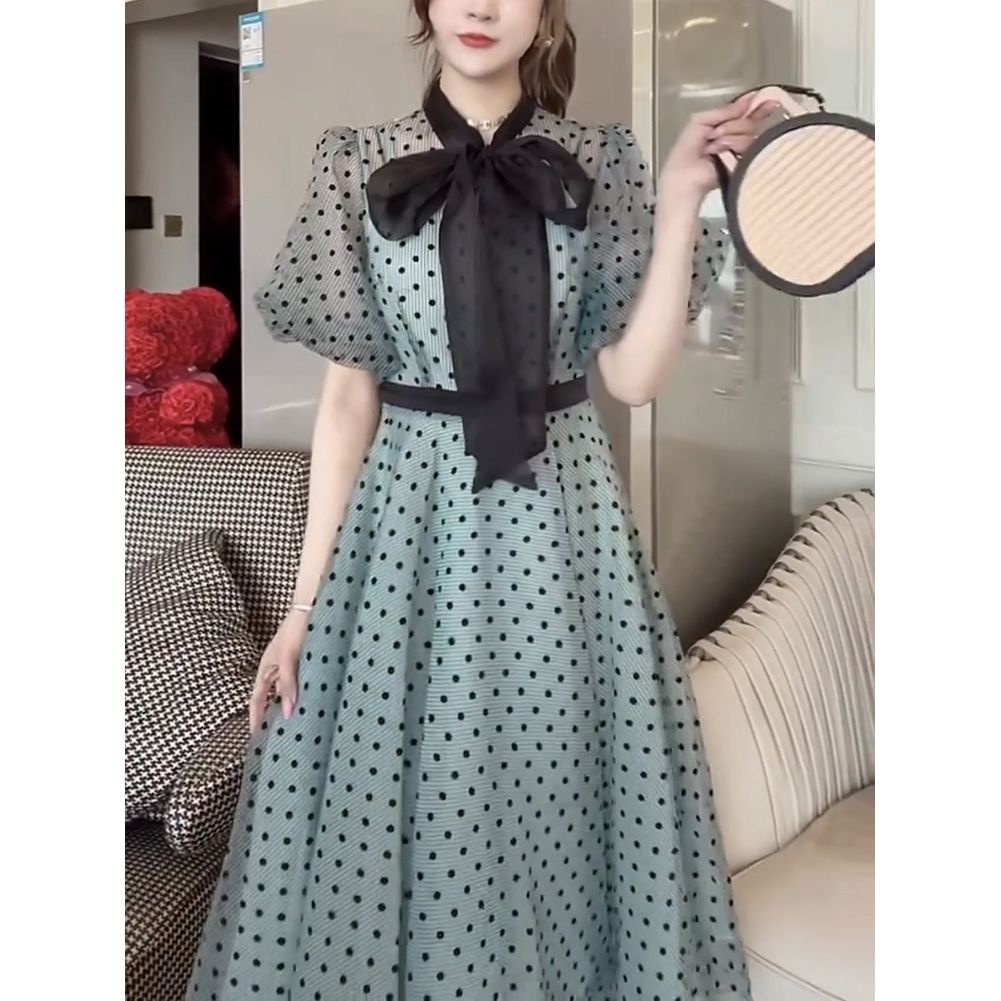 Đầm Dáng Chữ A Dài Lưng Cao Họa Tiết Chấm Bi Thắt Nơ Phong Cách Retro Pháp Cho Nữ