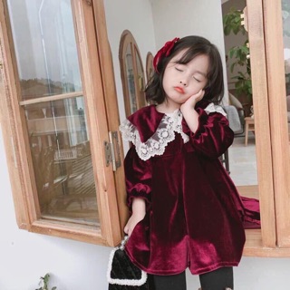 VÁY NHUNG CỔ REN BÉ GÁI