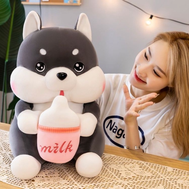 Gấu bông chó Husky ôm bình sữa, Thú nhồi bông chó ôm bình sữa đáng yêu size 40cm/60cm/80cm cao cấp