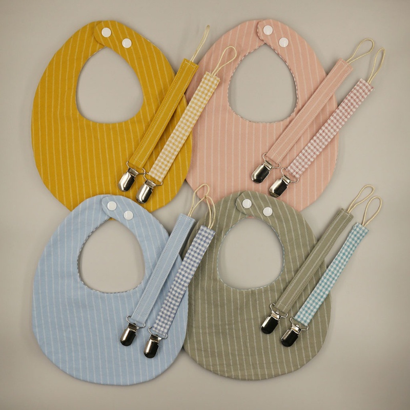Set 3 Yếm Ăn Cotton Lanh Có Kẹp Dây Xích Đeo Hai Mặt In Họa Tiết Kẻ Sọc Cho Bé