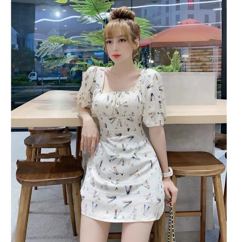 Đầm Nữ Tay Ngắn Cổ Vuông Họa Tiết In Hình Cột Nơ Sau Lưng Cực Xinh Thời Trang -TOMGB