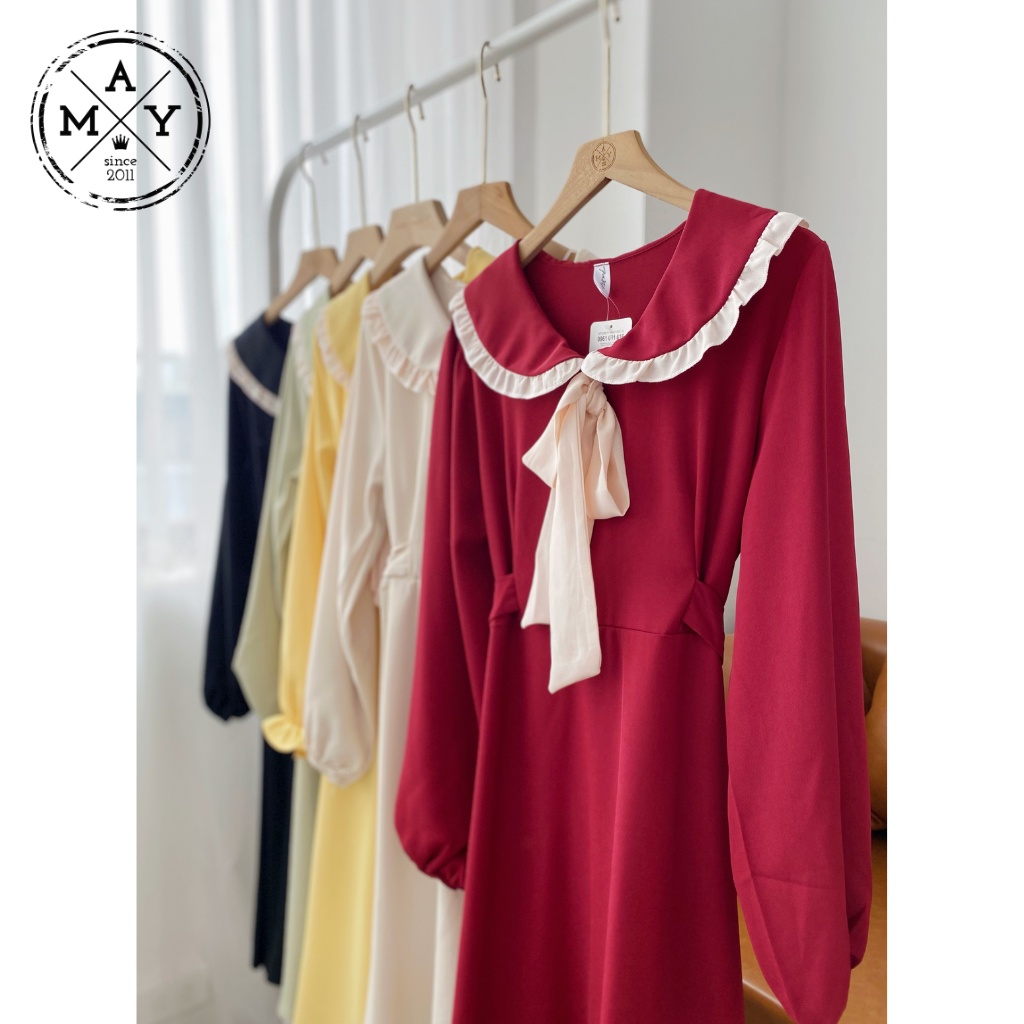 Váy Cổ Sen Viền Bèo Gắn Nơ Cổ MAY.SINCE2011 Thiết Kế Ôm Trên Vạt Váy Xòe Chất Liệu Vải Thoáng Mát MAN01-0087 | BigBuy360 - bigbuy360.vn