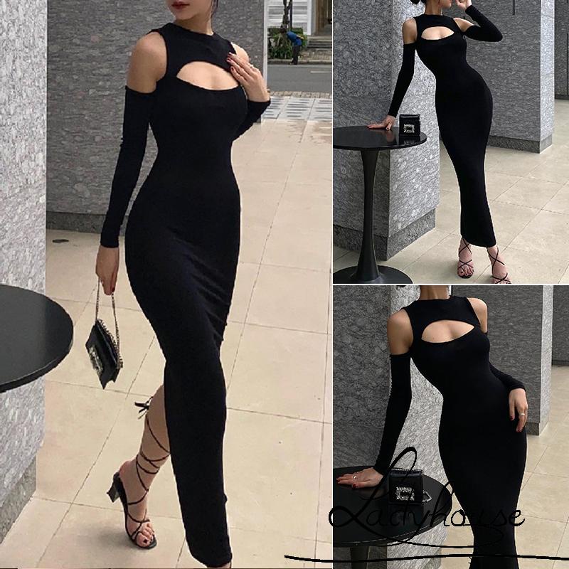 Ldd-đầm Body Màu Trơn Tay Dài Cổ Thuyền Khoét Rỗng Một Mảnh Size S / M / L