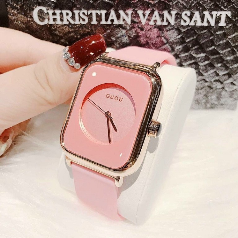 Đồng hồ nữ đẹp GUOU cao cấp  đeo tay thời trang mặt vuông dây cao su chống nước DH 07 | BigBuy360 - bigbuy360.vn