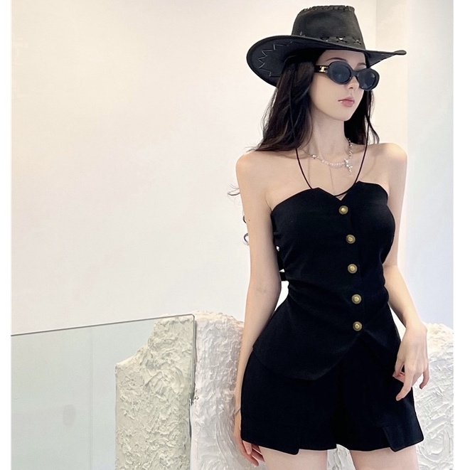 Set Áo Ống Màu Đen + Quần Short Lưng Cao Phong Cách Hàn Quốc Cho Nữ