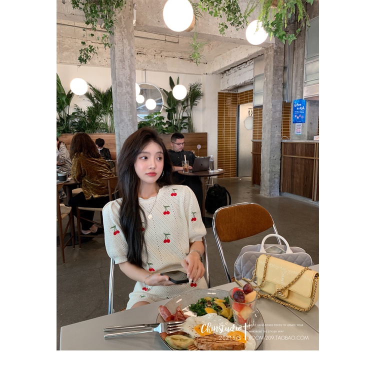DUNEA Set đồ gồm áo dệt kim cổ chữ V thêu hình trái cherry + chân váy thời trang gợi cảm