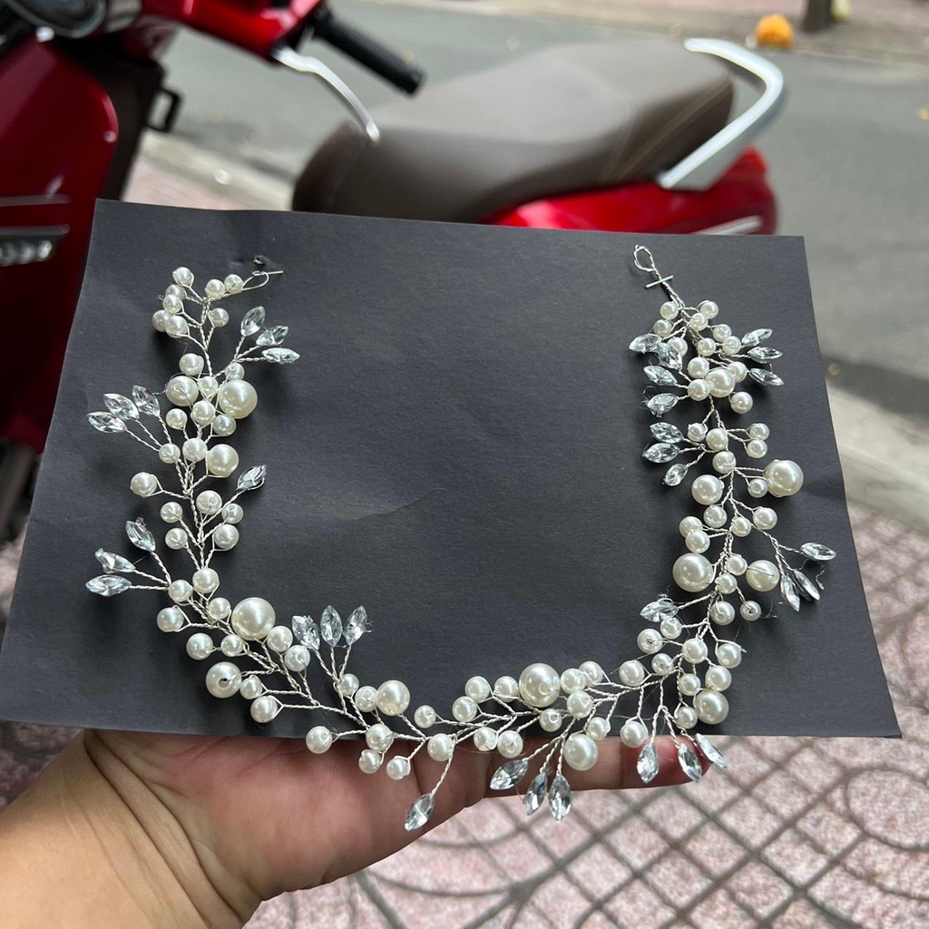 Dây hạt trai đá cài tóc cô dâu 35cm Giangpkc 2022 SP2221636  Phụ kiện cưới Giang