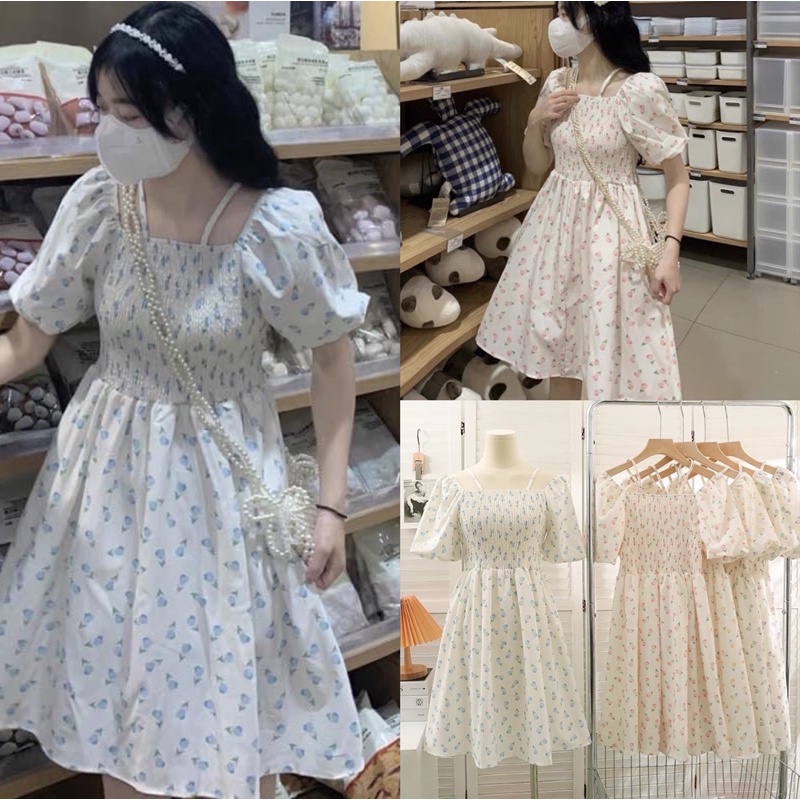 Váy hoa nhí bo chun ngực mặc được 2 kiểu