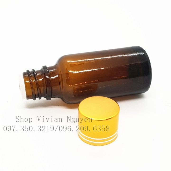 Chai lọ đựng tinh dầu nhỏ giọt 20ml, thủy tinh nâu, nắp nhôm vàng {sỉ từ 2500đ}p