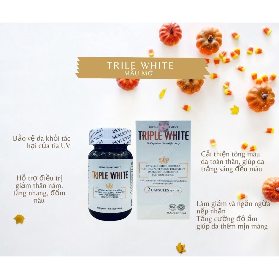 [Nhập khẩu] Viên uống trắng da chống nắng Triple White Glutathione Leucotomos và nhau thai cừu - Hộp 50 viên