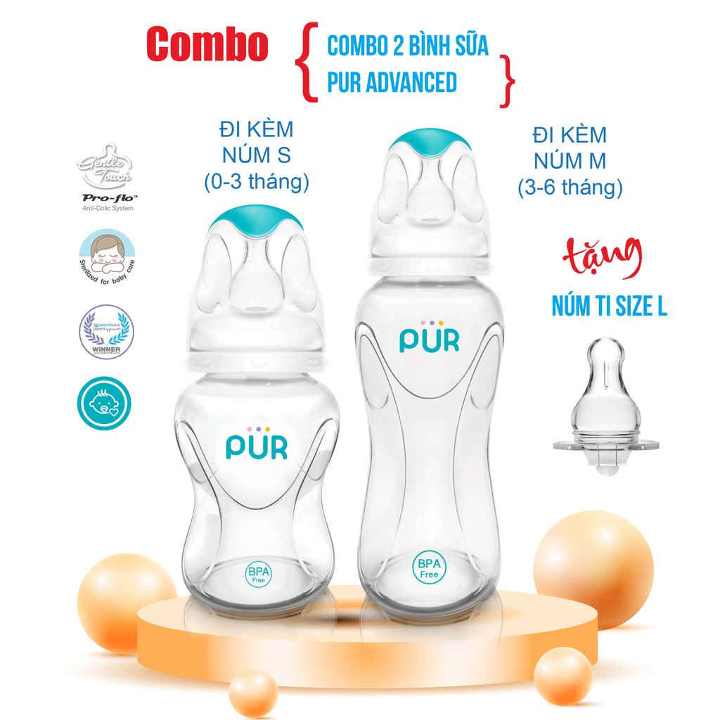 Combo bình sữa Pur Advanced 125ml, bình sữa Pur Advanced 250ml + Núm ti Pur Advanced size L