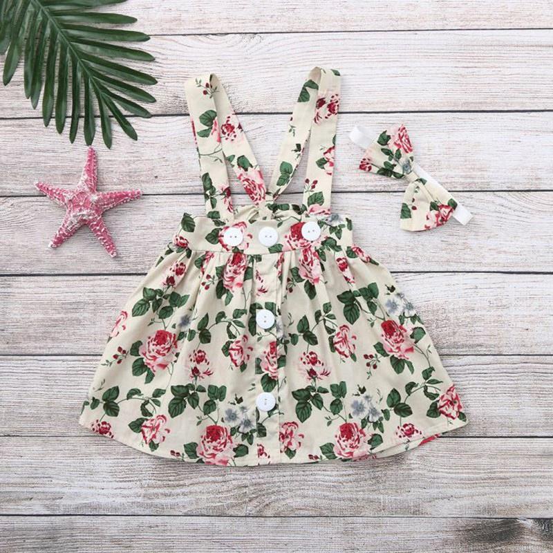 Bộ trang phục 3 món gồm áo liền quần tay ngắn + váy yếm in hoa + băng đô cho bé gái sơ sinh