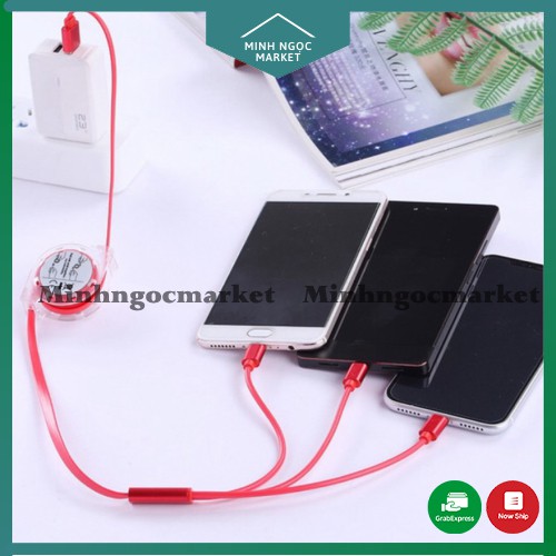 Dây sạc điện thoại 3 đầu có dây rút sạc siêu nhanh