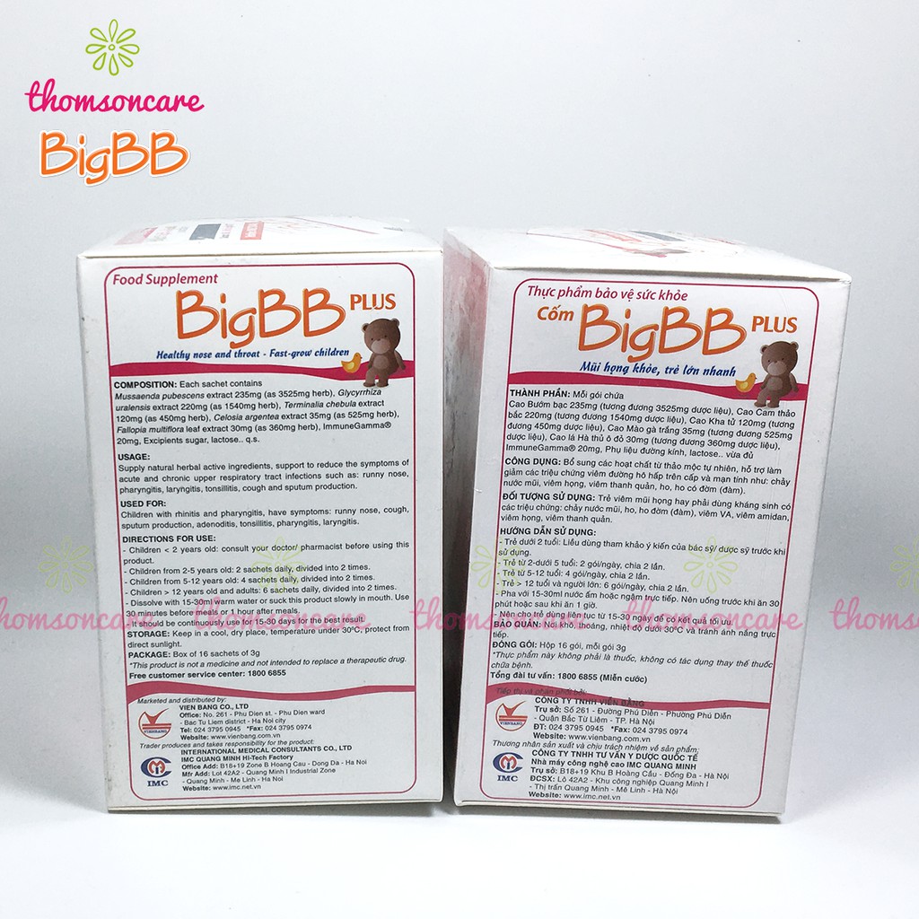 BigBB Plus Có tem tích điểm tặng quà - tăng sức đề kháng đường hô hấp cho bé cốm Big BB hồng Hộp 16 gói