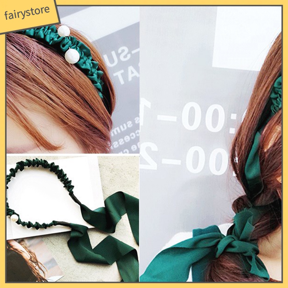 Băng Đô Cài Tóc Buộc Dây Ruy Băng Đính Ngọc Trai Nhân Tạo Xinh Xắn Dành Cho Phụ Nữ