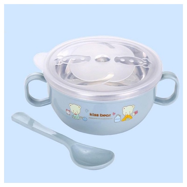 Bát ăn dặm inox cách nhiệt có nắp đạy và tay cầm kèm thìa cho bé