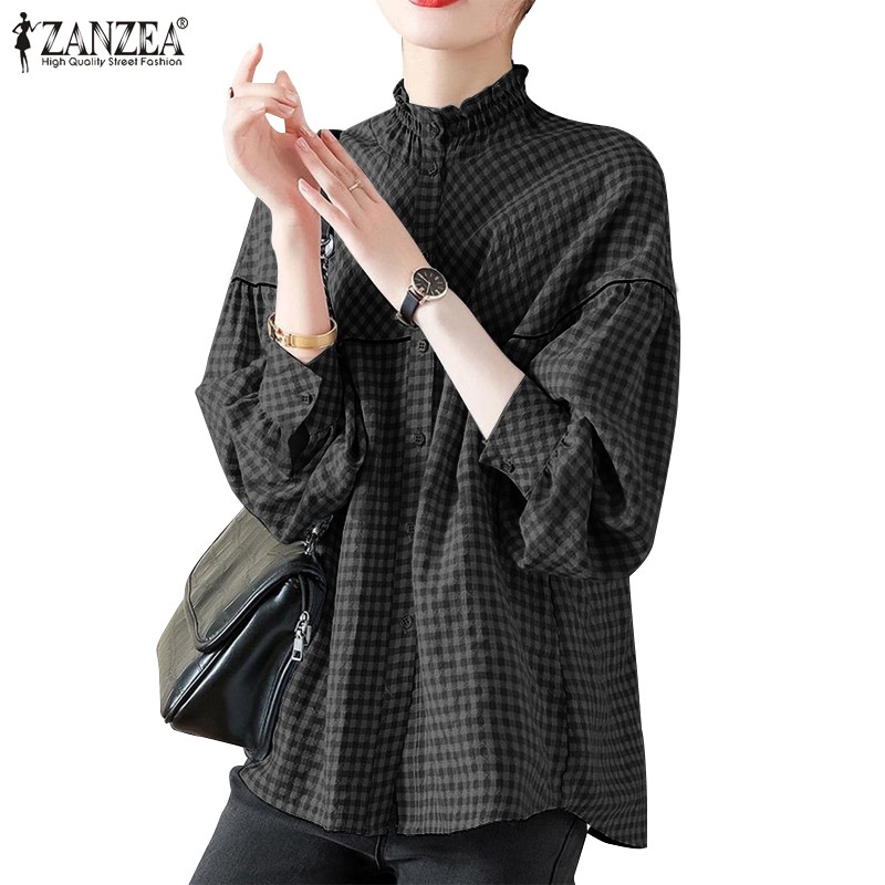 Áo kiểu ZANZEA cổ tròn dáng rộng in họa tiết sọc ca rô phối nút cài thời trang công sở dành cho nữ