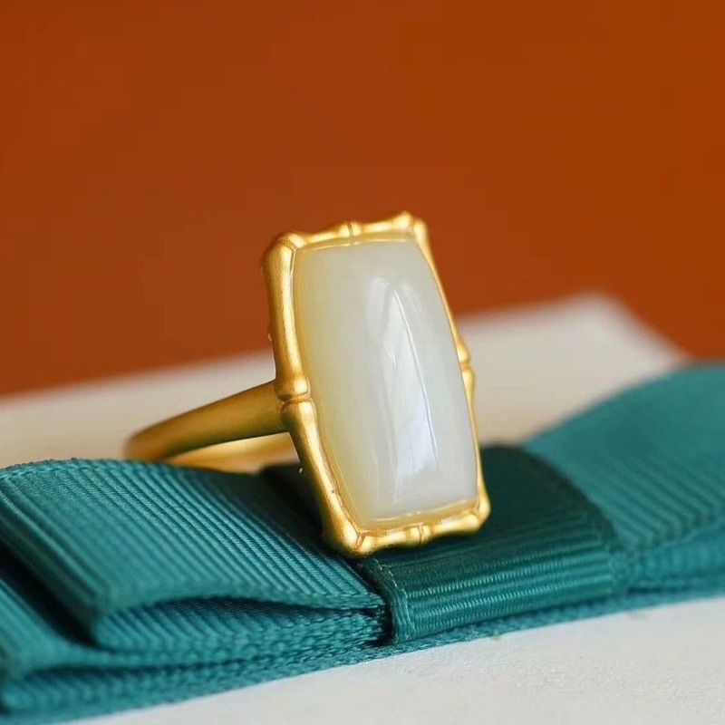 Nhẫn Mở Hình Đốt Tre Màu Trắng Ngọc Bích Phong Cách Cổ Điển Thời Trang Cho Nữ