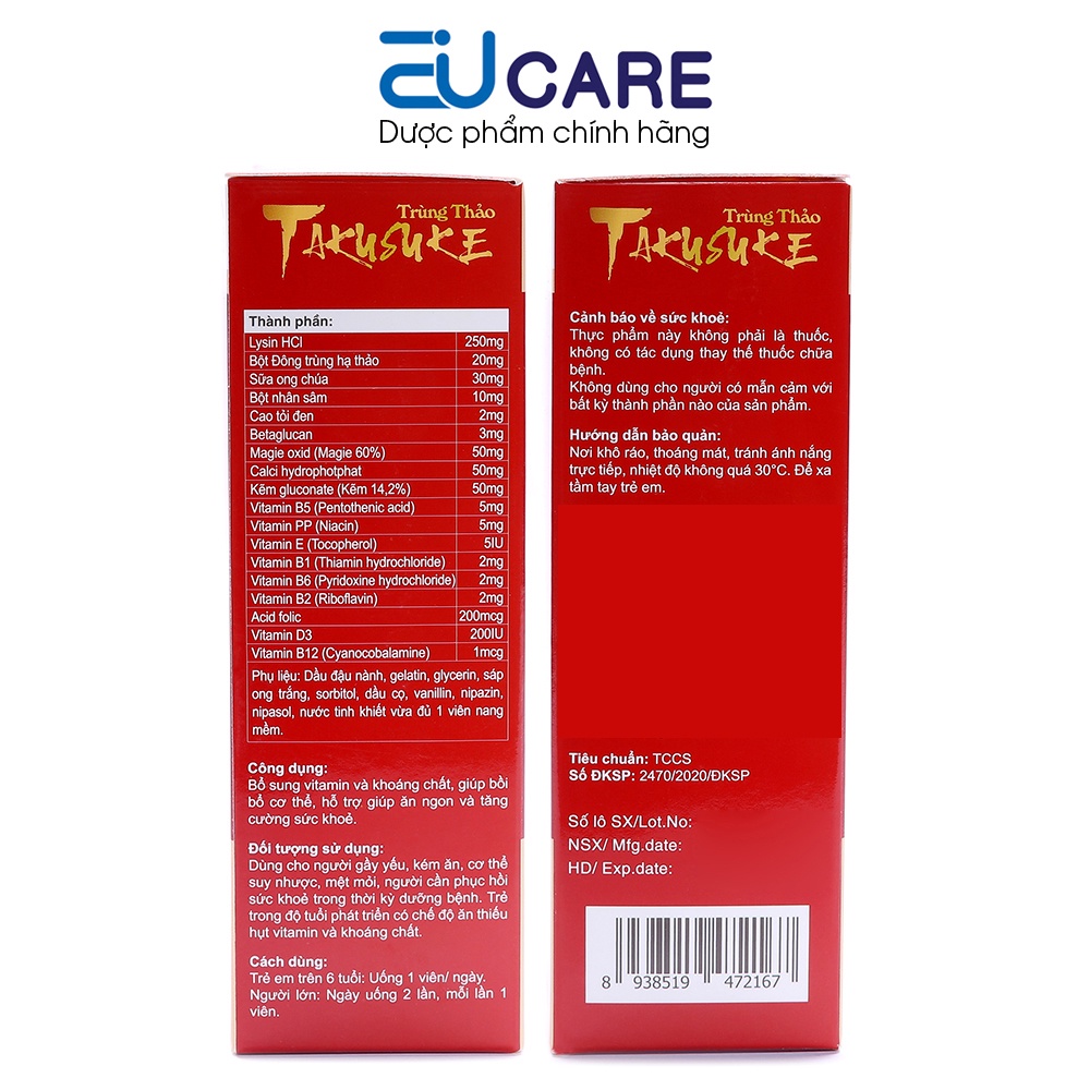 Viên uống Đông Trùng Hạ Thảo Takusuke bổ sung vitamin và khoáng chất giúp ăn ngủ ngon, tăng sức khỏe - 60 viên