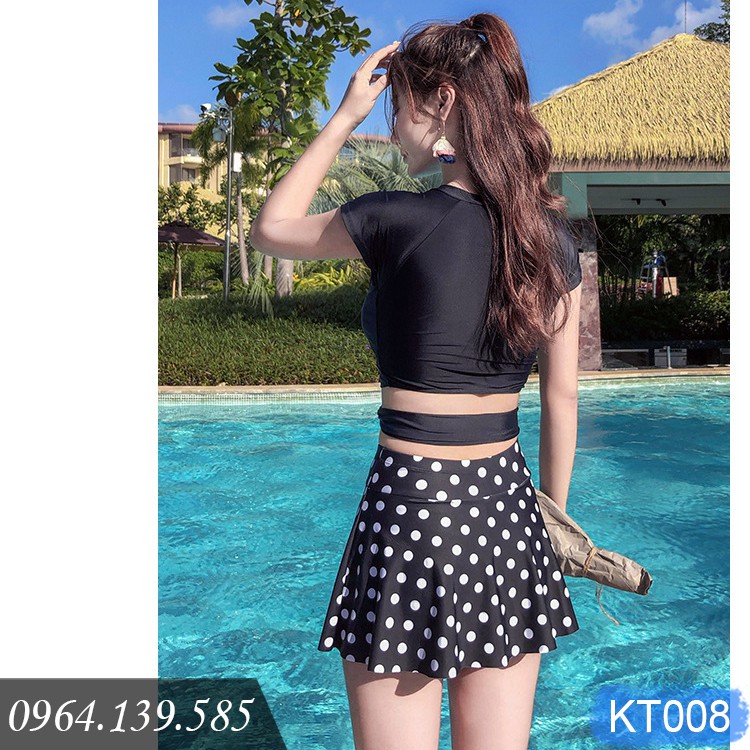 [SALE LẺ SIZE] - Bikini 2 mảnh kín đáo, áo gọng đệm nâng đẩy, quần váy chấm bi, có size to đến 65kg | KT008