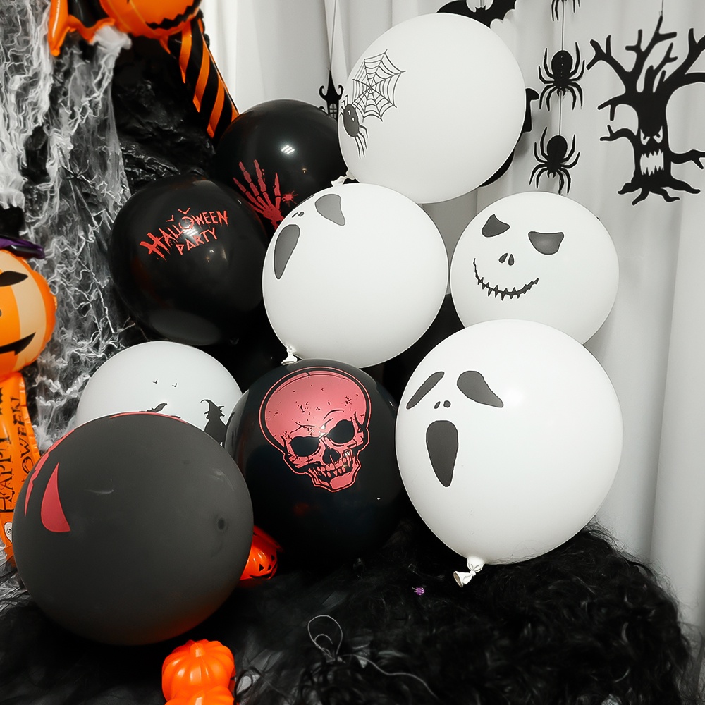 Set 10 Bong Bóng Cao Su Dày 12 Inch Màu Đen In Hình Dấu Tay Xương Trang Trí Tiệc Halloween