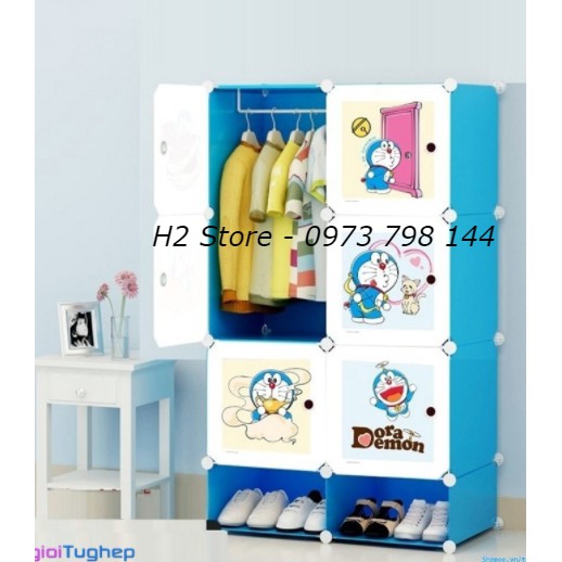 TỦ NHỰA LẮP GHÉP ĐA NĂNG ĐỂ ĐỒ CHO BÉ 6 Ô VÀ 2 Ô GIÀY CỬA ĐÔRÊMON NHỎ NGỘ NGHĨNH sâu 47cm