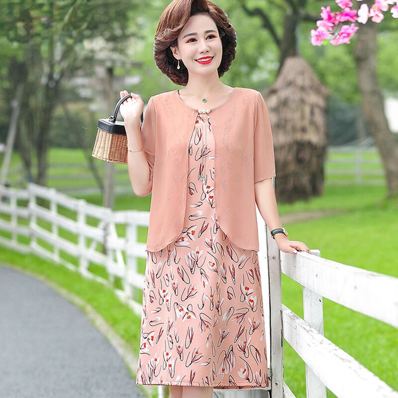 Đầm chiffon Dài Qua Gối Thời Trang Mùa Hè Cho Phụ Nữ Trung Niên