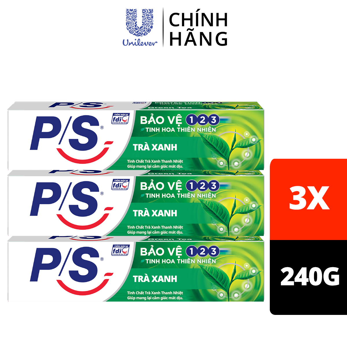 Combo 3 Kem Đánh Răng P/S Bảo Vệ 123 Trà Xanh với tinh chất trà xanh thanh nhiệt 240g