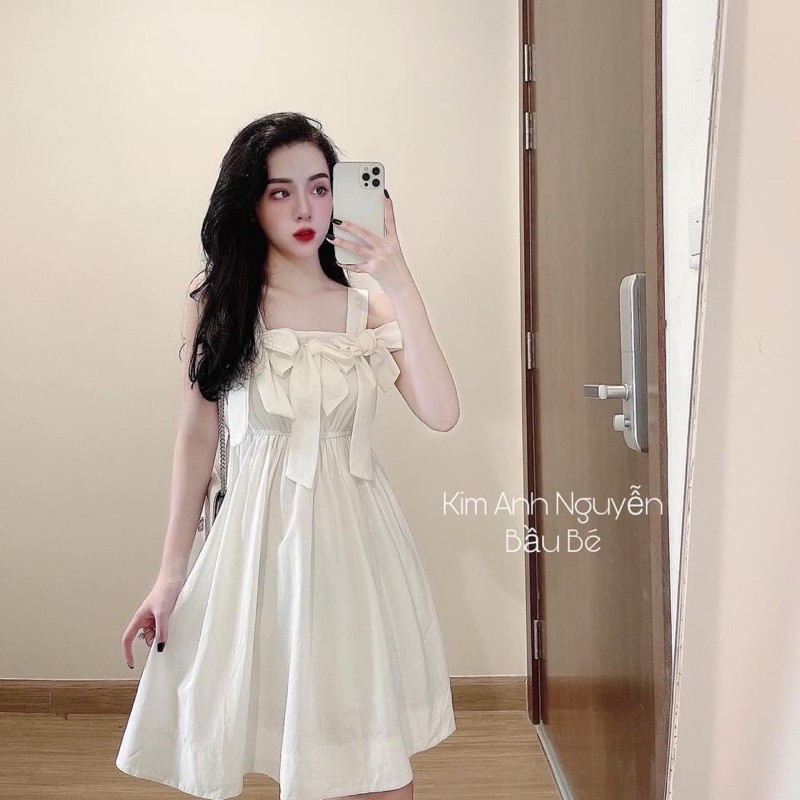 [Siêu Hot] Váy 2 Dây Trắng Nơ Ngực  Dáng Xoè, Đầm Nữ Trắng Bánh Bèo Siêu Xinh Có Ảnh Thật Kèm Video