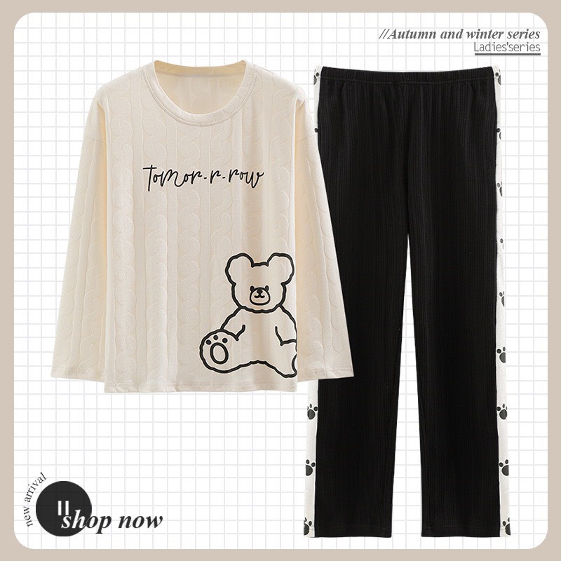 Bộ Mặc Nhà Cổ Tròn Dài Tay Chất Liệu Cotton Mềm Mịn Thấm Hút Hàng Qc