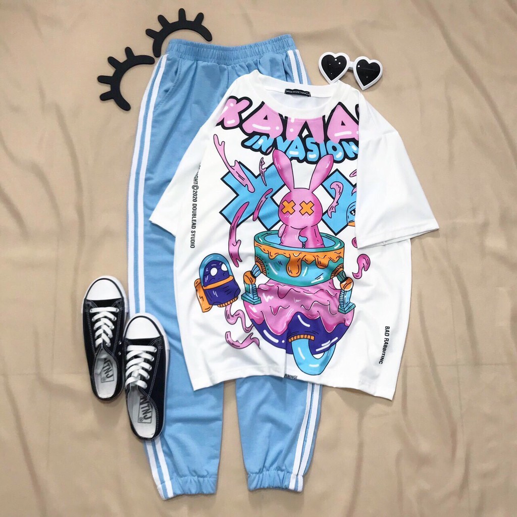 Set đồ bộ quần dài Jogger 2 Sọc XANH BIỂN NHIỀU MẪU ❤️ Bộ hoạt hình form rộng Unisex Molly Fashion
