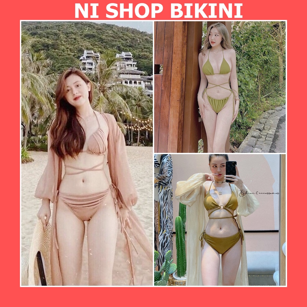 Bikini đồ bơi nữ cao đi biển Set 3 kèm áo choàng tam giác khoen tròn S05