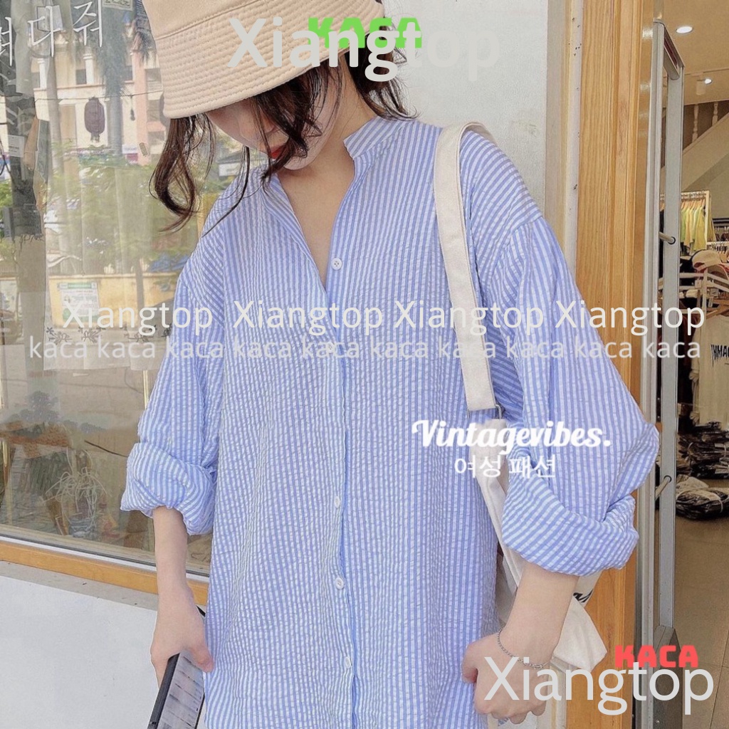 Áo sơ mi dáng rộng kẻ sọc cổ tàu tay phối bèo Ulzzang (hàng QC) - Ảnh thật kaca aosomicongsothietke | BigBuy360 - bigbuy360.vn