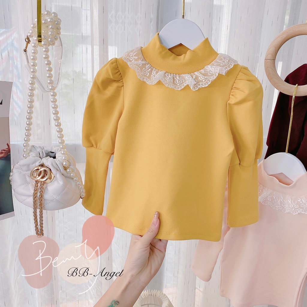 Áo cotton len  cổ 3 phân phối ren cho bé gái