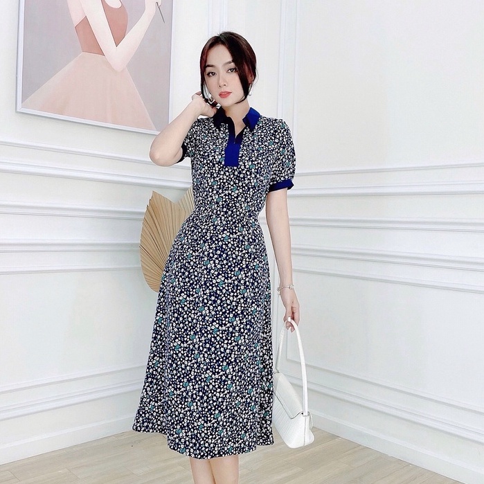 Váy Hoa Đi Chơi NHẬT VY Cổ Sơ Mi Dáng Ôm Tay Ngắn Chất Mango Màu Xanh Đen, Đỏ - D2465