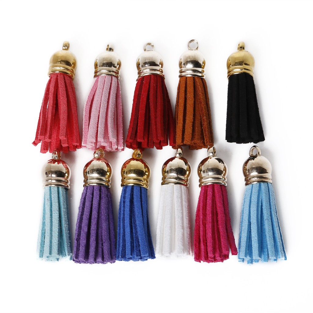 Phụ kiện dây tua rua BEADIA bằng da lộn phối polyester 35mm đầu nối bạc dùng trang trí điện thoại di động/ thắt lưng