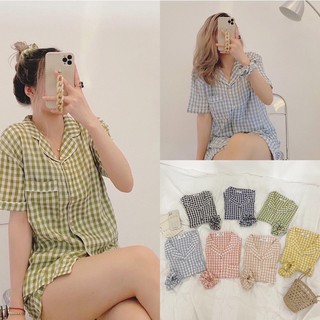 💕𝑭𝑹𝑬𝑬𝑺𝑯𝑰𝑷💕♥Set Pijama kẻ caro kèm scrunchies siêu xinh