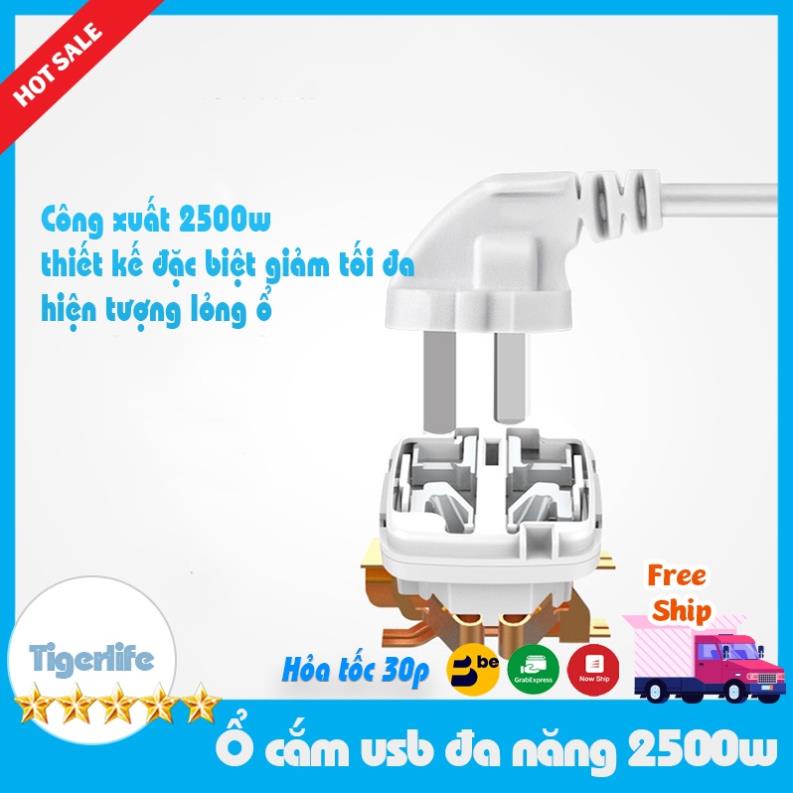 Ổ cắm điện đa năng, Ổ cắm điện,  3 cổng USB sạc nhanh 5V-2.1A công suất 2500W vật liệu chống cháy dây nối dài 1,8M